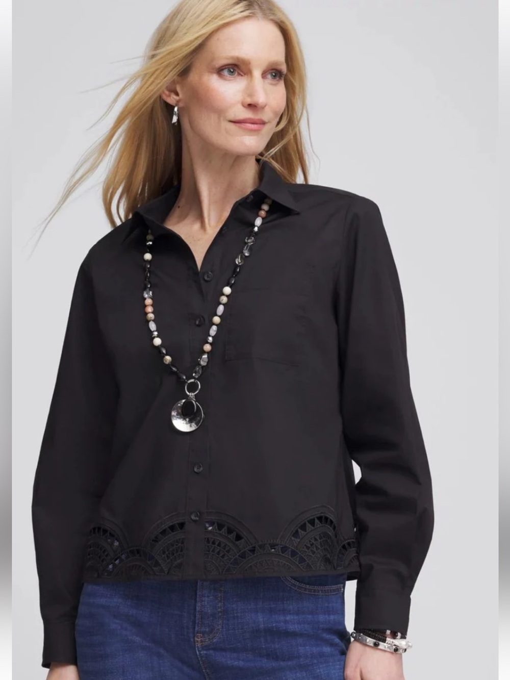 Chico's Poplin Embroidered-Hem Shirt